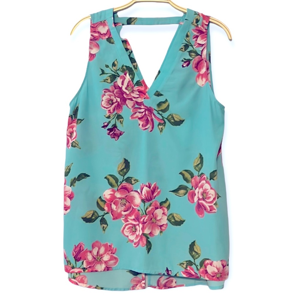 Staccato Women’s Teal Floral Sleeveless Blouse Sz L